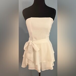 Princess Polly Cream Strapless Tiered Romper with Waist Tie